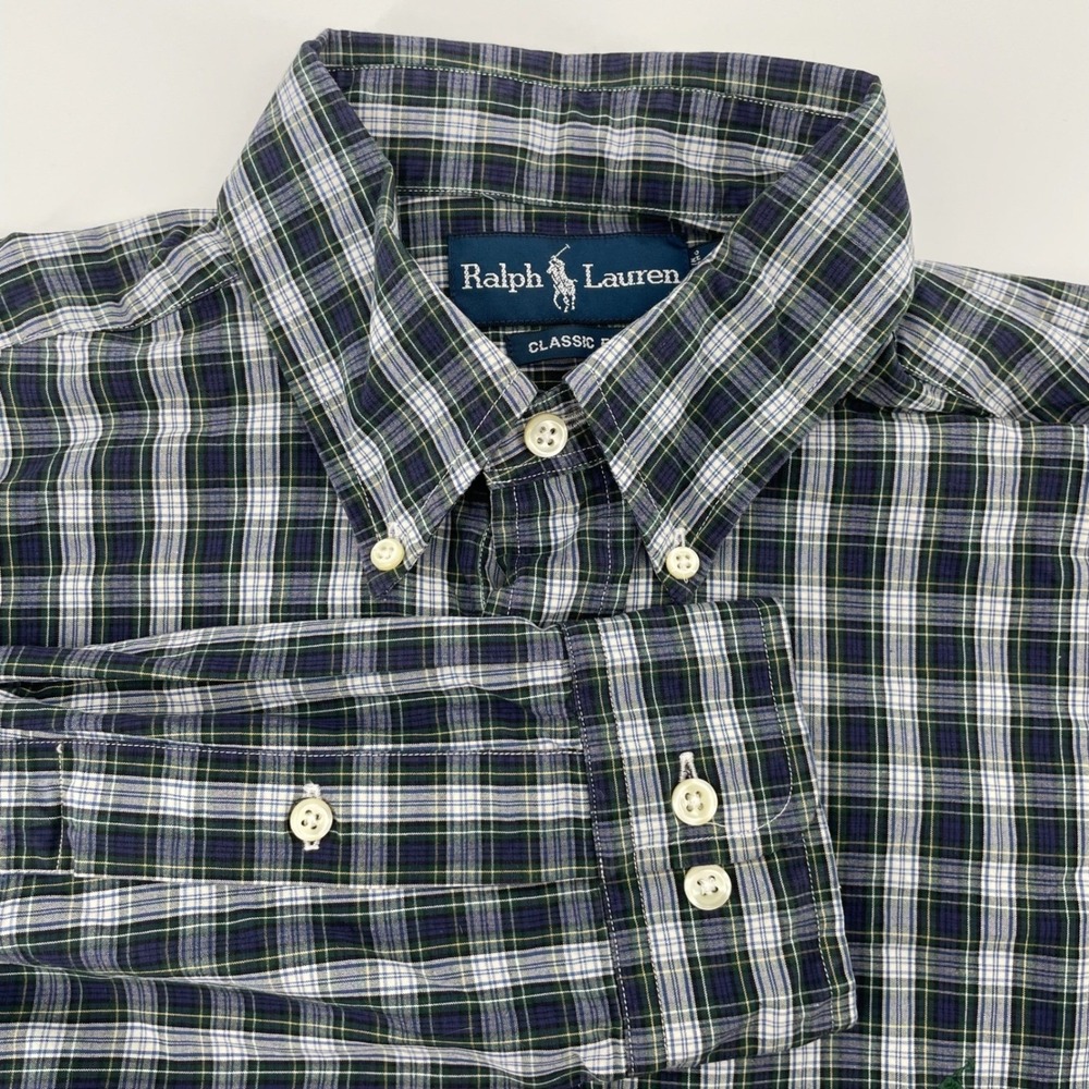 Ralph Lauren Mens Classic Fit Plaid Button Down Shirt Navy Green White 15.5 M